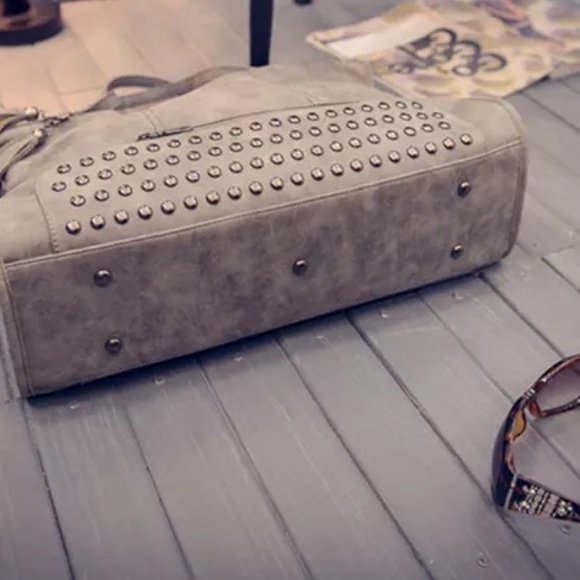 Grey Soft Vegan Leather Shoulder Computer Work Everyday Studd Fringe HandBag - Picture 4 of 9